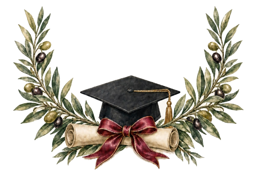 Tocco di laurea con rami d'ulivo e pergamena